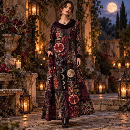 Samhain Pomegranate Witchy Cowl Neck Dress – Gothic Moon Phase Maxi – worn, in motion