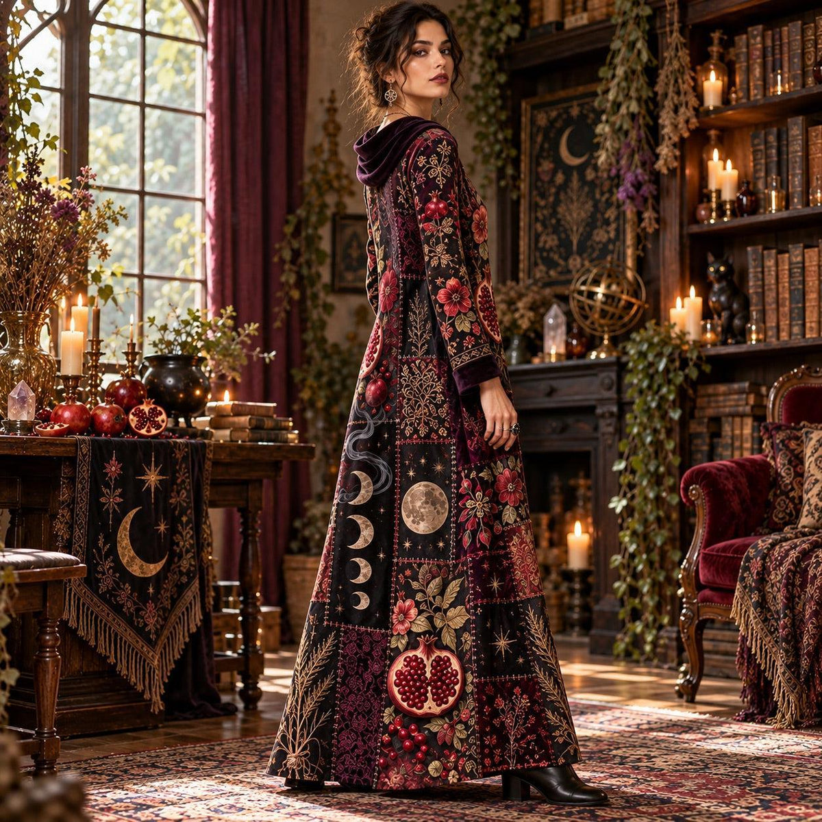 Samhain Pomegranate Witchy Cowl Neck Dress – Gothic Moon Phase Maxi – worn, three quarter view