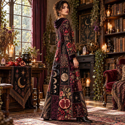 Samhain Pomegranate Witchy Cowl Neck Dress – Gothic Moon Phase Maxi – worn, three quarter view