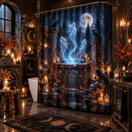 Samhain Shower Curtain - Spirit Well Pagan Halloween Decor, styled shot 2