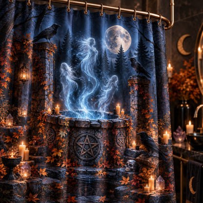 Samhain Shower Curtain - Spirit Well Pagan Halloween Decor, styled shot 4