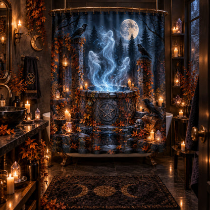 Samhain Shower Curtain - Spirit Well Pagan Halloween Decor, styled shot 5