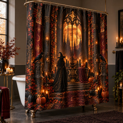 Samhain Witch Shower Curtain - Gothic Moon Cathedral Decor, styled shot 2