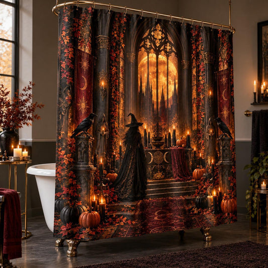 Samhain Witch Shower Curtain - Gothic Moon Cathedral Decor, styled shot 2