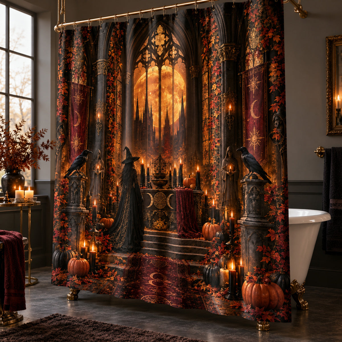 Samhain Witch Shower Curtain - Gothic Moon Cathedral Decor, styled shot 3
