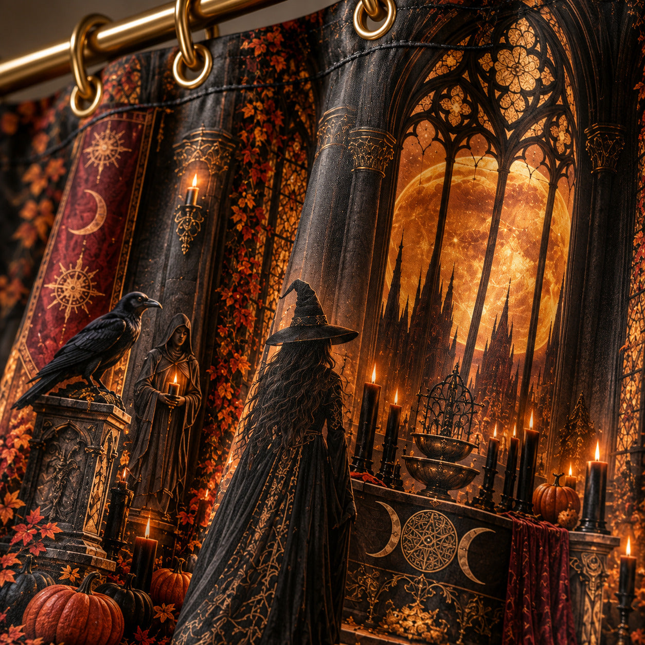 Samhain Witch Shower Curtain - Gothic Moon Cathedral Decor, styled shot 4