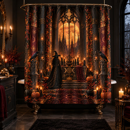 Samhain Witch Shower Curtain - Gothic Moon Cathedral Decor, styled shot 5