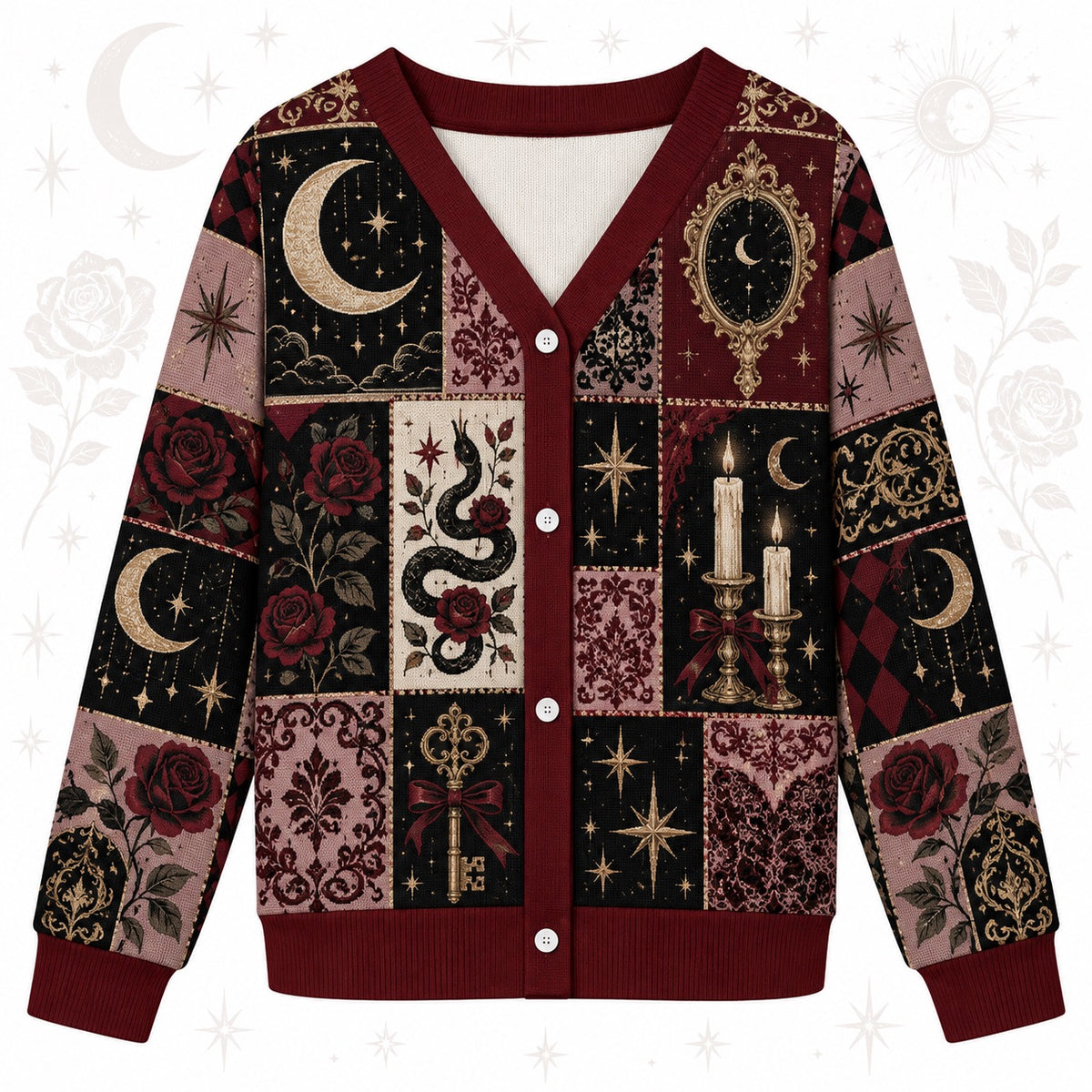 Serpent Rose Triple Moon Occult Cardigan for Women Dark Feminine Gothic, front view
