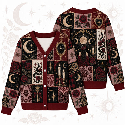 Serpent Rose Triple Moon Occult Cardigan for Women Dark Feminine Gothic, front and back shown together