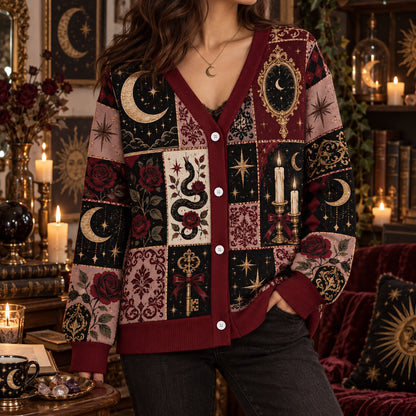 Serpent Rose Triple Moon Occult Cardigan for Women Dark Feminine Gothic, worn, front view