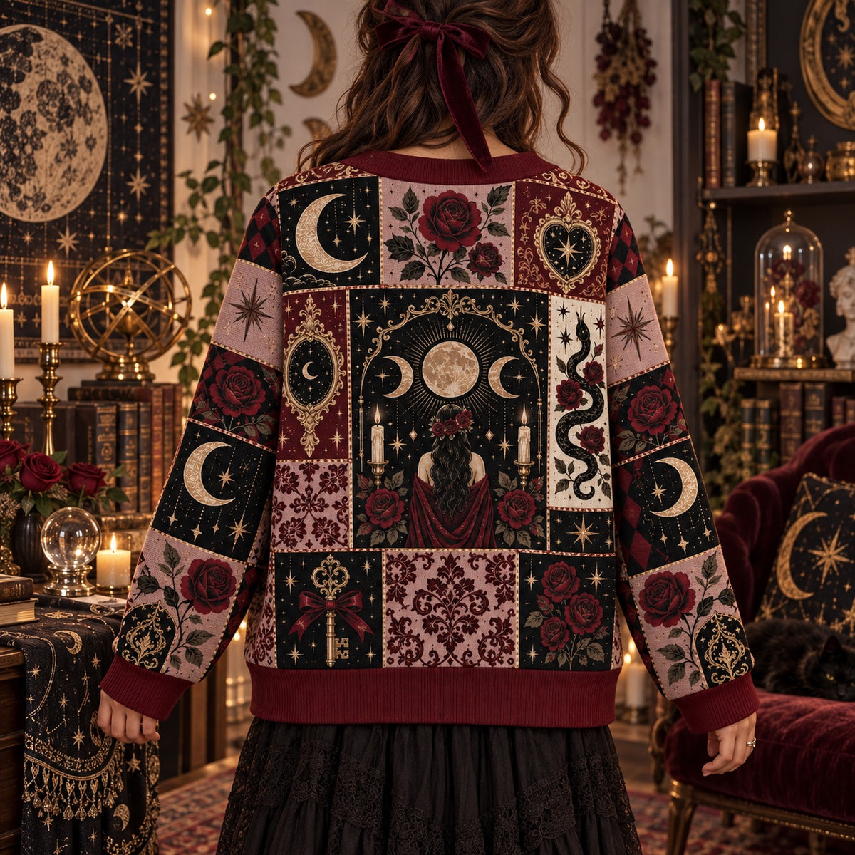 Serpent Rose Triple Moon Occult Cardigan for Women Dark Feminine Gothic, worn, back view