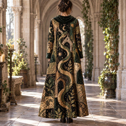 Serpent Temple Oracle Pagan Cowl Neck Dress – Witchy Green Maxi – worn, back view