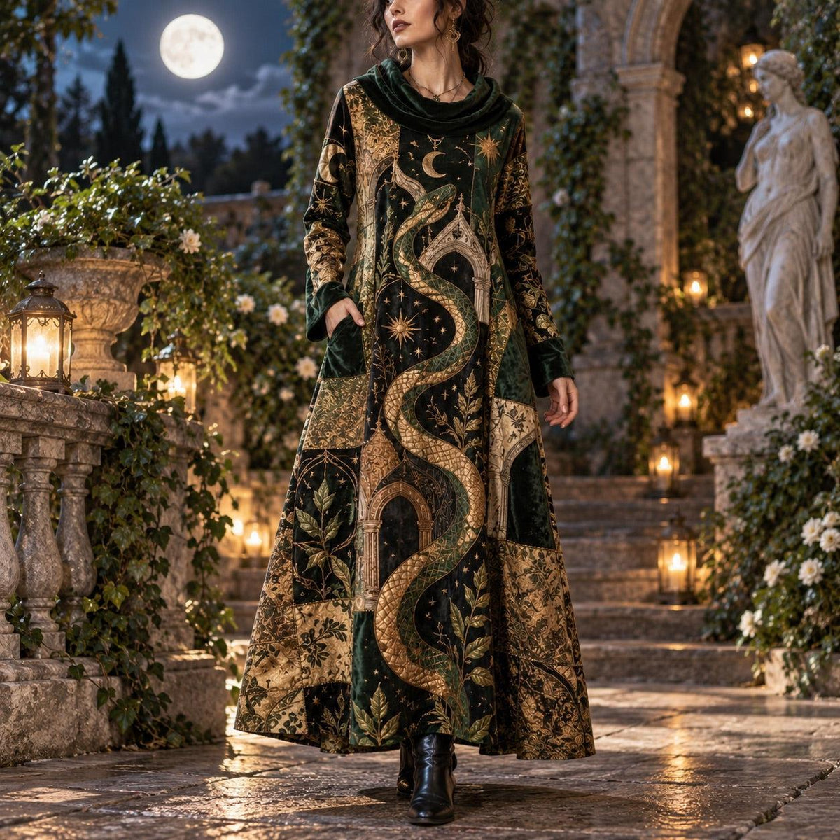 Serpent Temple Oracle Pagan Cowl Neck Dress – Witchy Green Maxi – worn, in motion