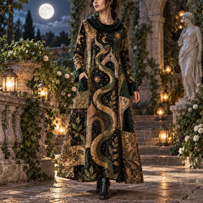 Serpent Temple Oracle Pagan Cowl Neck Dress – Witchy Green Maxi – worn, in motion