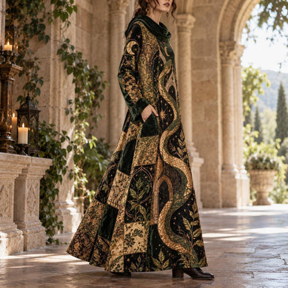 Serpent Temple Oracle Pagan Cowl Neck Dress – Witchy Green Maxi – worn, three quarter view