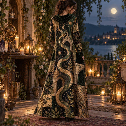 Serpent Temple Oracle Pagan Cowl Neck Dress – Witchy Green Maxi – worn, back view