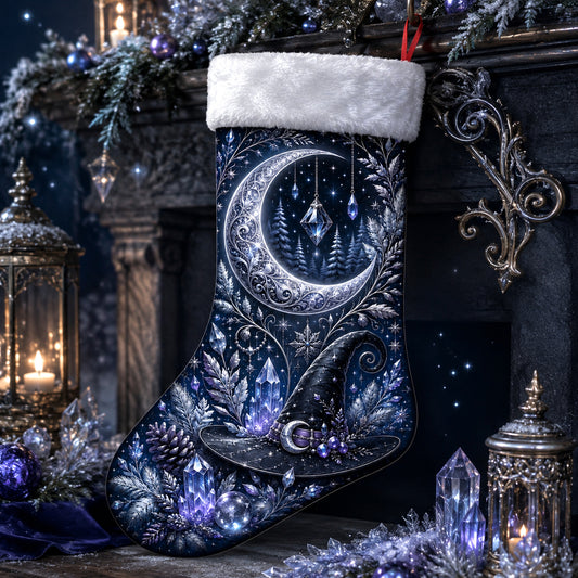Silver Crescent Christmas Stocking Celestial Crystal Yule Decor