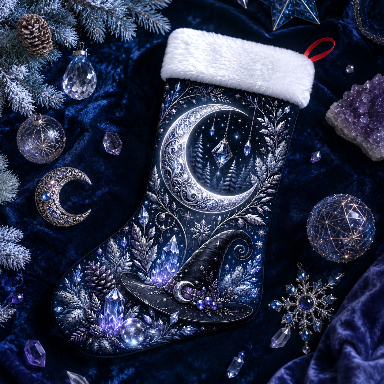 Silver Crescent Christmas Stocking Celestial Crystal Yule Decor, styled shot 2