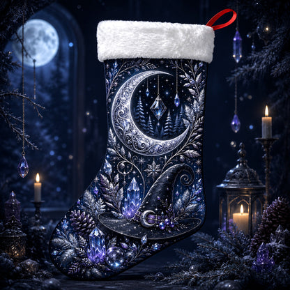 Silver Crescent Christmas Stocking Celestial Crystal Yule Decor, styled shot 4