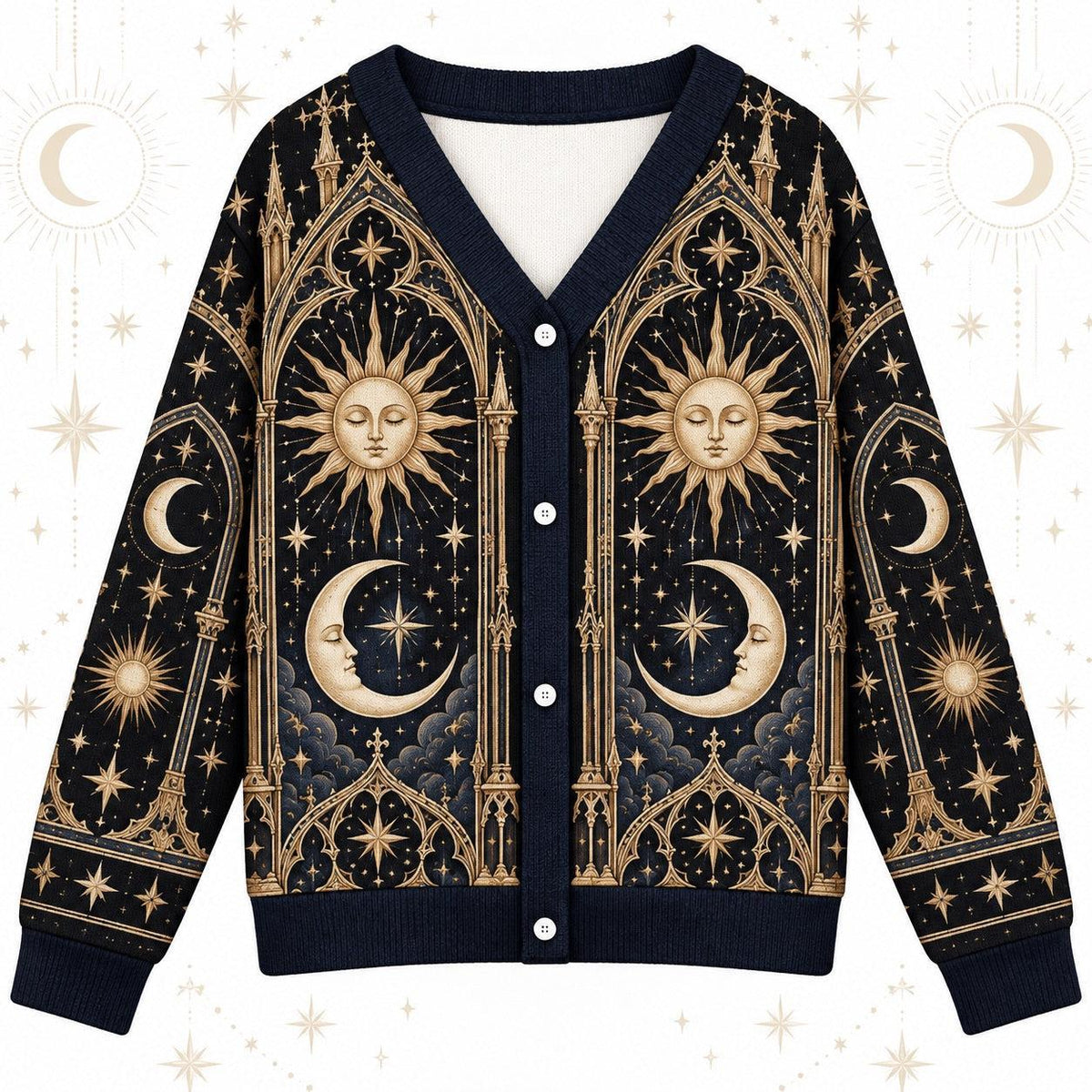 Sleeping Sun and Moon Cathedral Celestial Cardigan for Women Navy Gold, front view