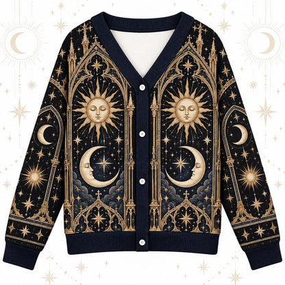 Sleeping Sun and Moon Cathedral Celestial Cardigan for Women Navy Gold, front view