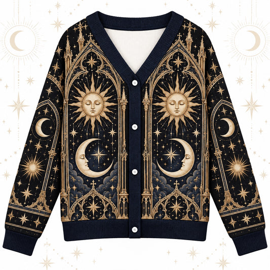 Sleeping Sun and Moon Cathedral Celestial Cardigan for Women Navy Gold, front view