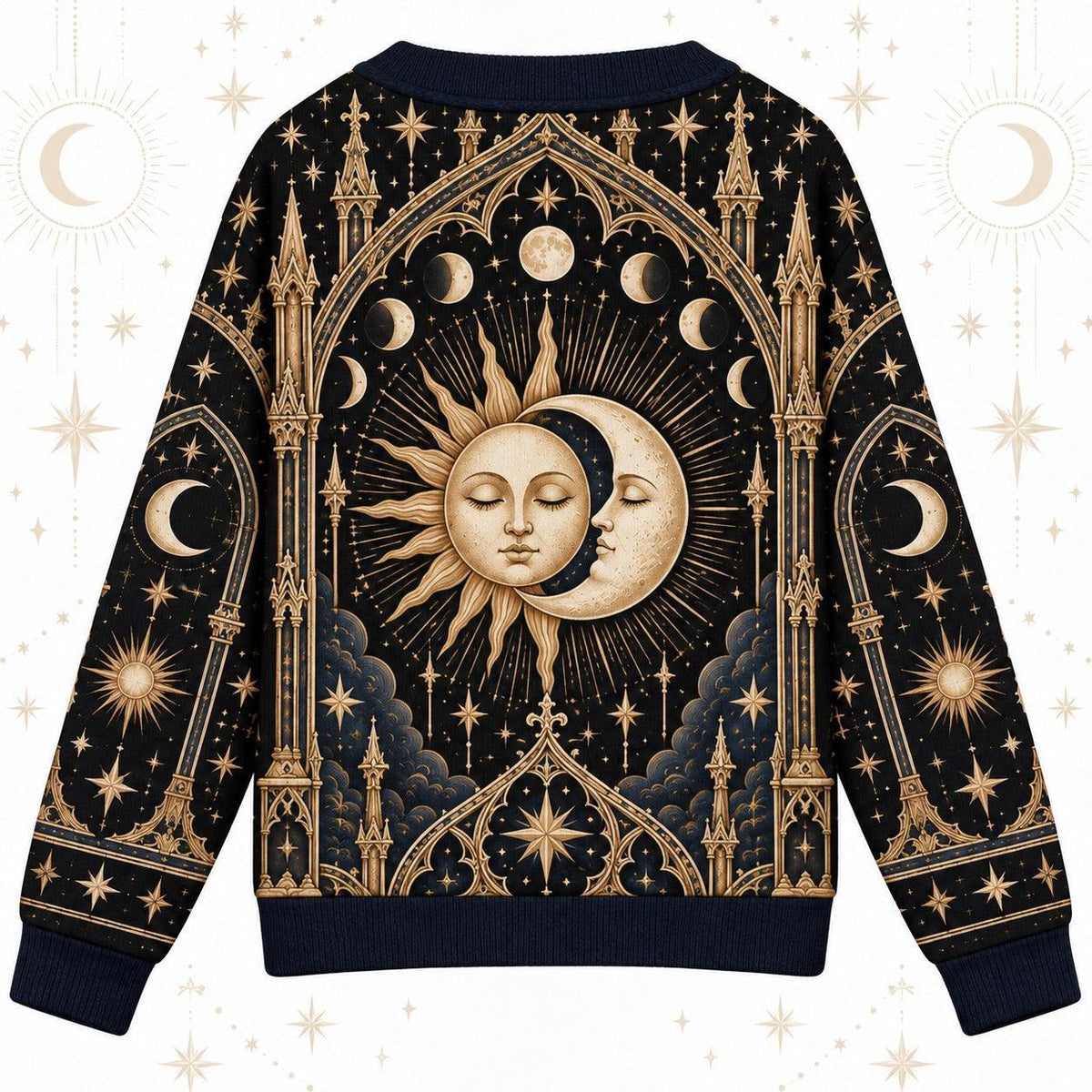 Sleeping Sun and Moon Cathedral Celestial Cardigan for Women Navy Gold, back view