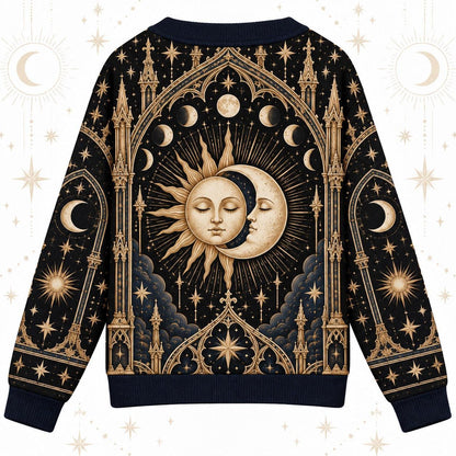 Sleeping Sun and Moon Cathedral Celestial Cardigan for Women Navy Gold, back view