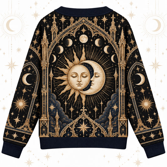 Sleeping Sun and Moon Cathedral Celestial Cardigan for Women Navy Gold, back view