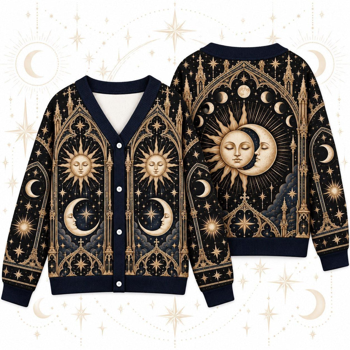 Sleeping Sun and Moon Cathedral Celestial Cardigan for Women Navy Gold, front and back shown together
