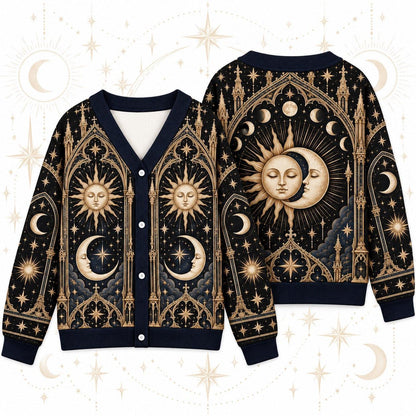 Sleeping Sun and Moon Cathedral Celestial Cardigan for Women Navy Gold, front and back shown together