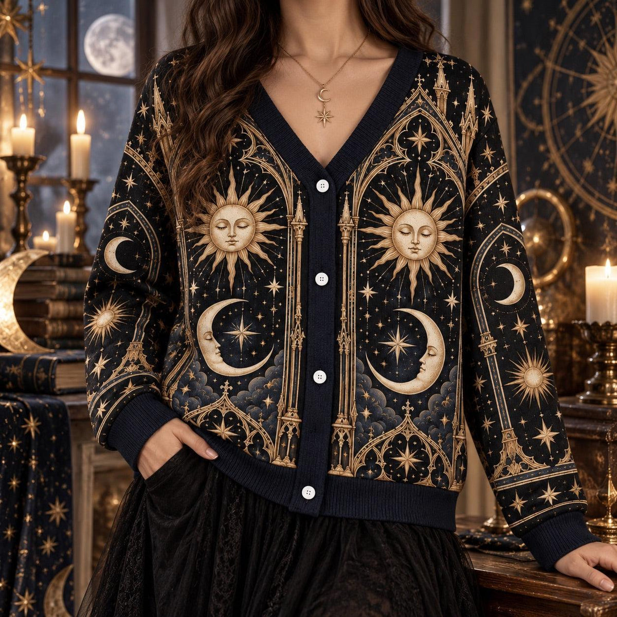 Sleeping Sun and Moon Cathedral Celestial Cardigan for Women Navy Gold, worn, front view