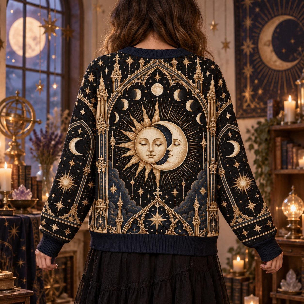 Sleeping Sun and Moon Cathedral Celestial Cardigan for Women Navy Gold, worn, back view