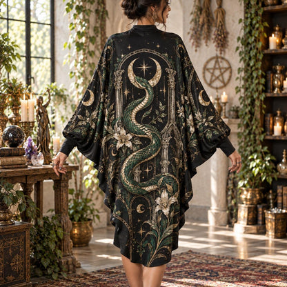 Snake Moon Temple Gothic Batwing Dress – Witchy Celestial Lily Midi – worn, back view