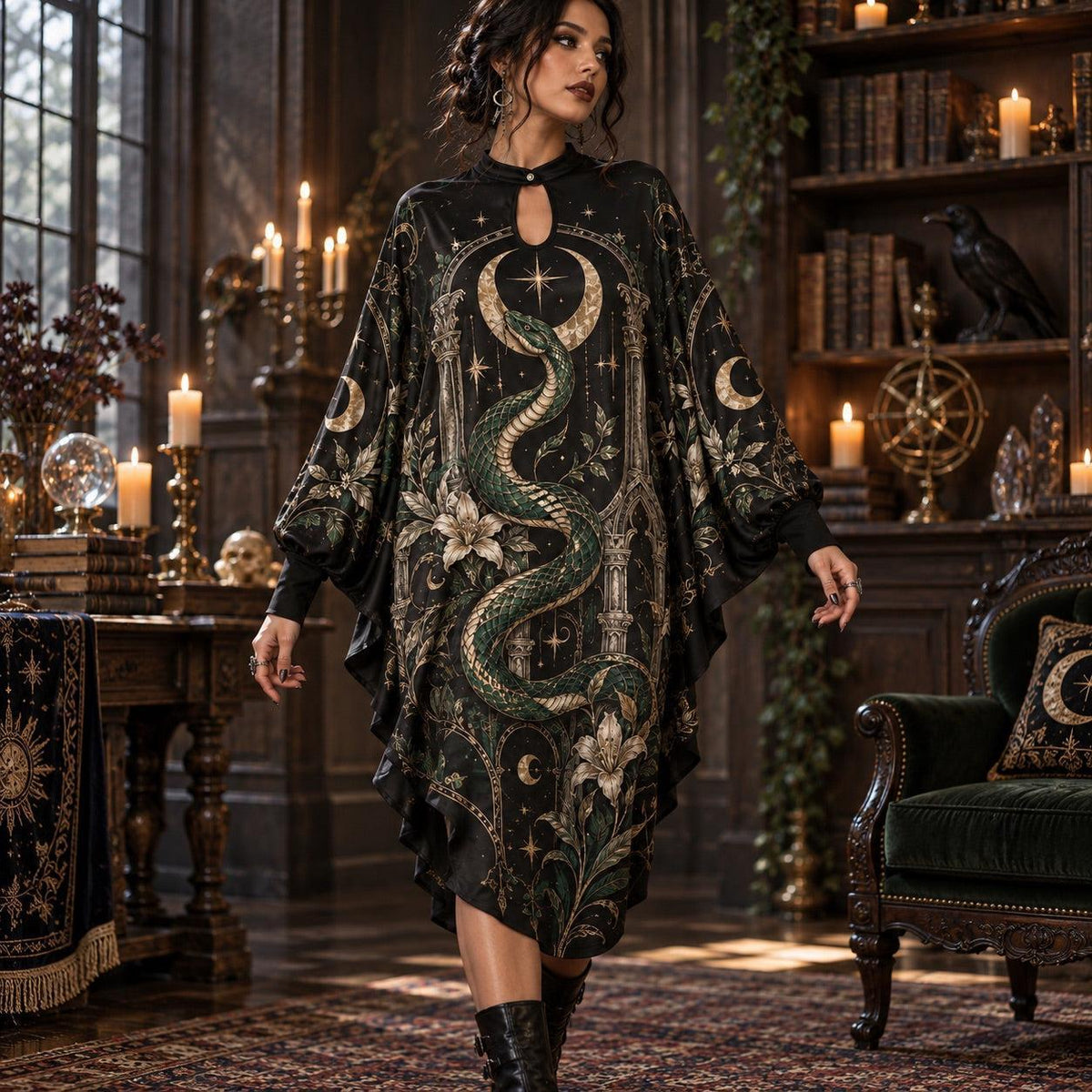 Snake Moon Temple Gothic Batwing Dress – Witchy Celestial Lily Midi – worn, in motion