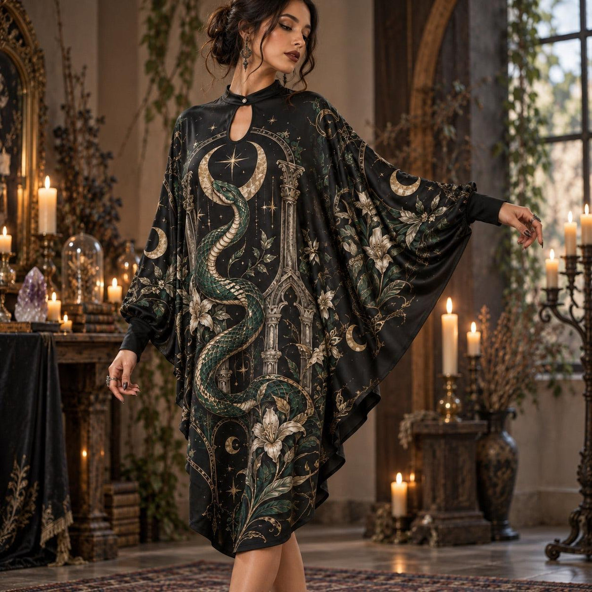 Snake Moon Temple Gothic Batwing Dress – Witchy Celestial Lily Midi – worn, three quarter view