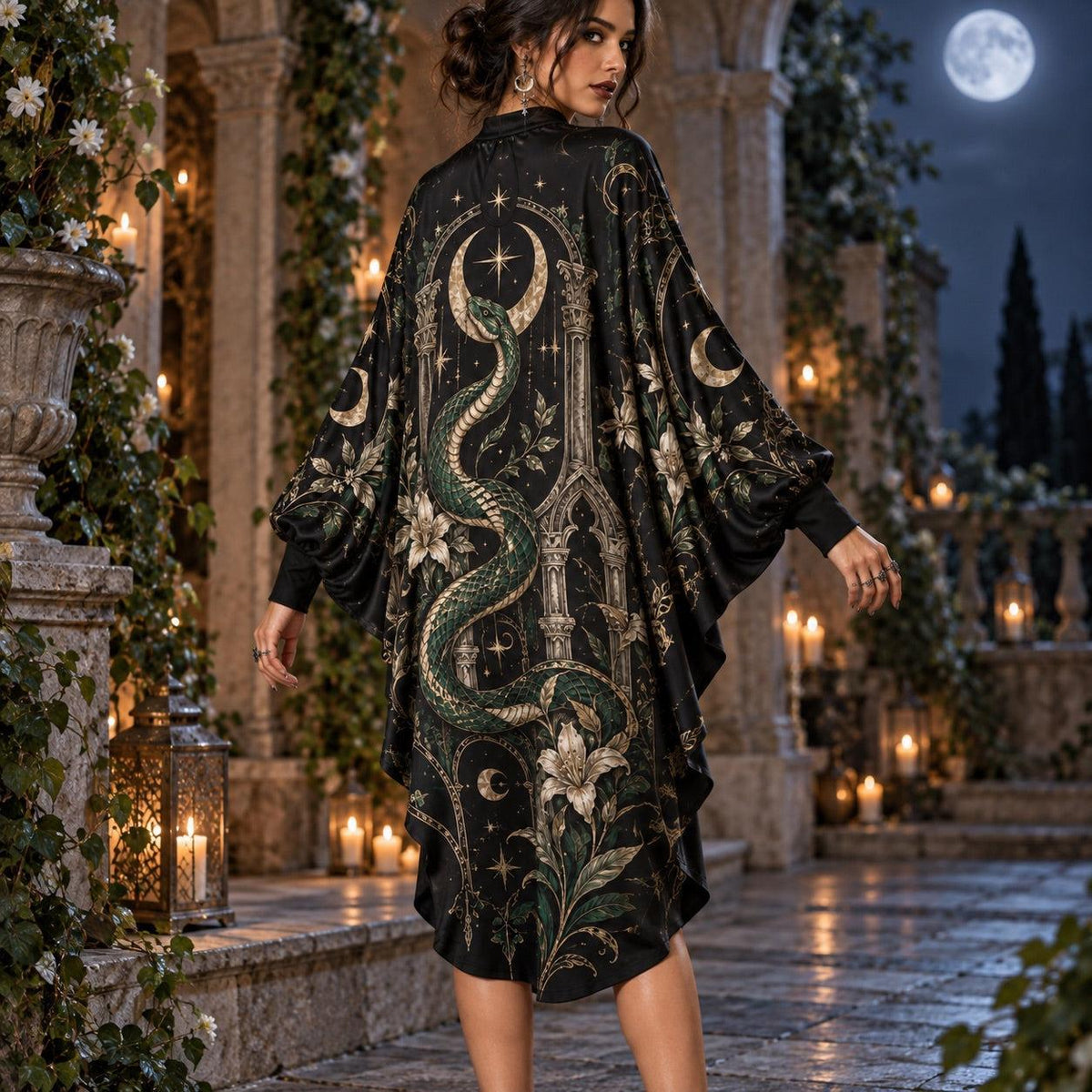 Snake Moon Temple Gothic Batwing Dress – Witchy Celestial Lily Midi – worn, back view