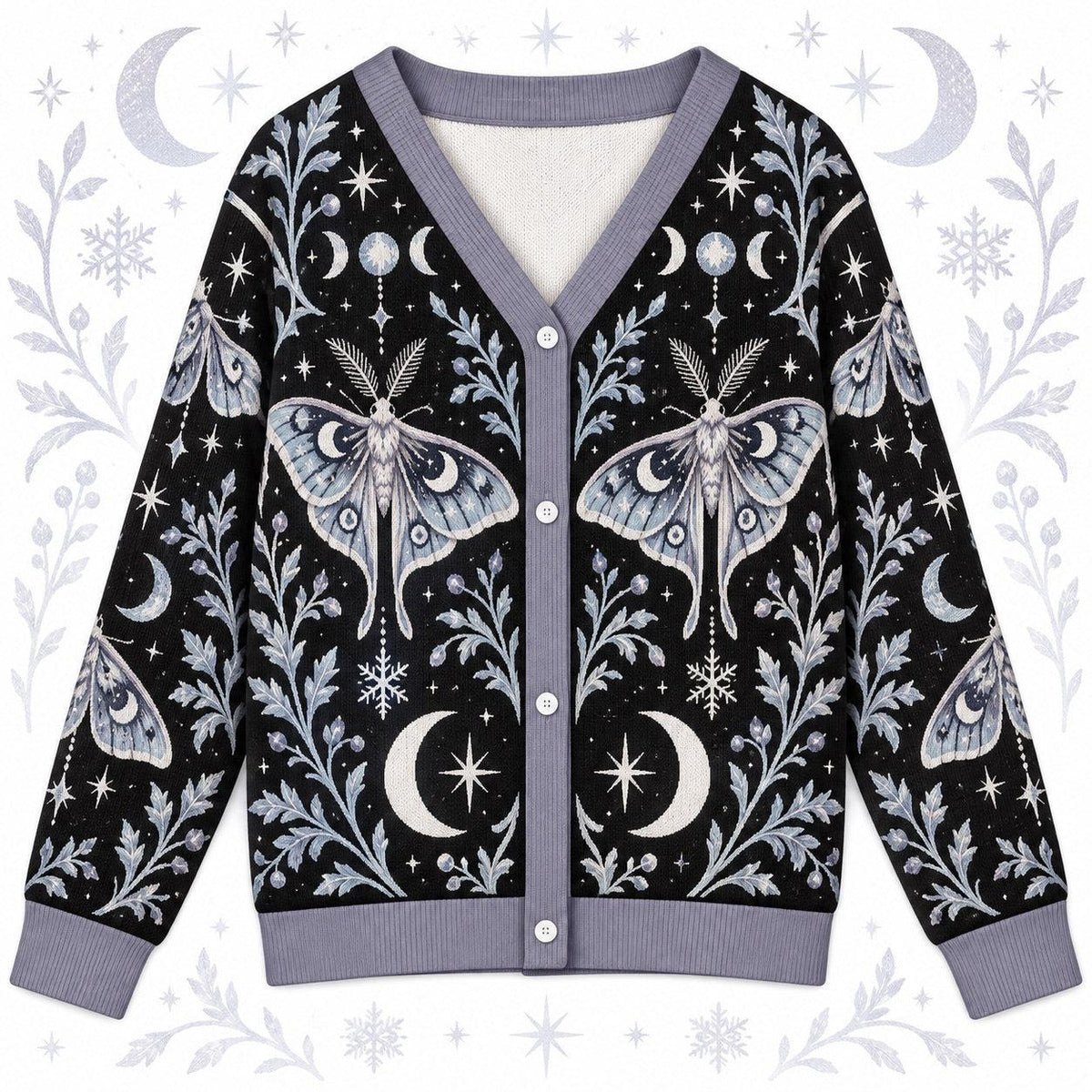 Snowflake Triple Moon Luna Moth Cardigan for Women Icy Blue Winter, front view