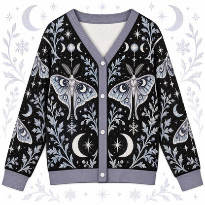 Snowflake Triple Moon Luna Moth Cardigan for Women Icy Blue Winter, front view