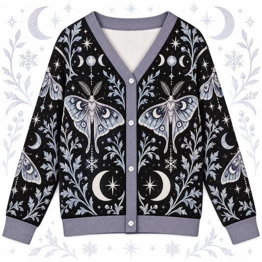 Snowflake Triple Moon Luna Moth Cardigan for Women Icy Blue Winter, front view