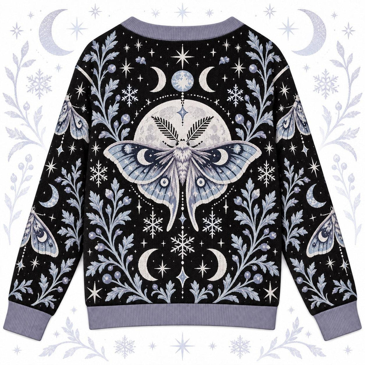 Snowflake Triple Moon Luna Moth Cardigan for Women Icy Blue Winter, back view
