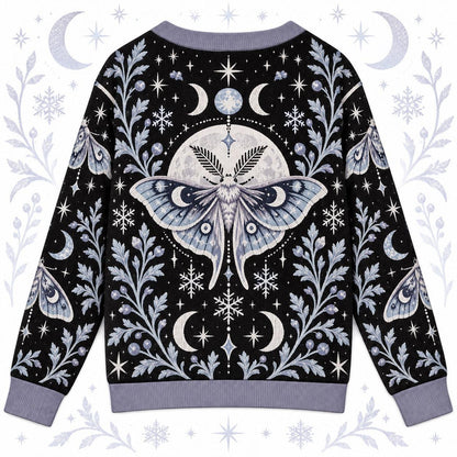 Snowflake Triple Moon Luna Moth Cardigan for Women Icy Blue Winter, back view
