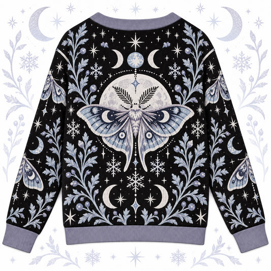 Snowflake Triple Moon Luna Moth Cardigan for Women Icy Blue Winter, back view