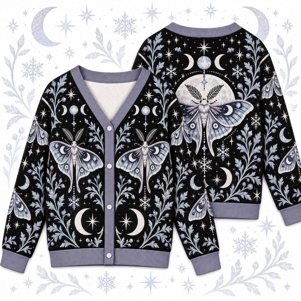 Snowflake Triple Moon Luna Moth Cardigan for Women Icy Blue Winter, front and back shown together