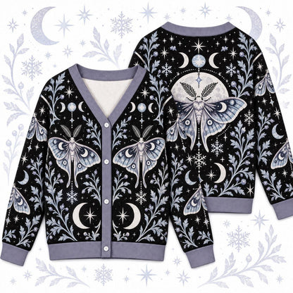 Snowflake Triple Moon Luna Moth Cardigan for Women Icy Blue Winter, front and back shown together