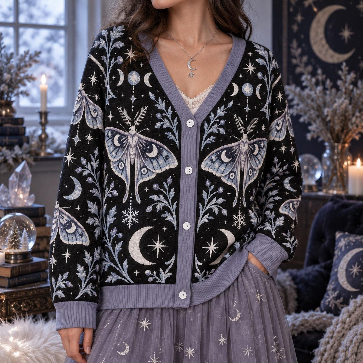Snowflake Triple Moon Luna Moth Cardigan for Women Icy Blue Winter, worn, front view