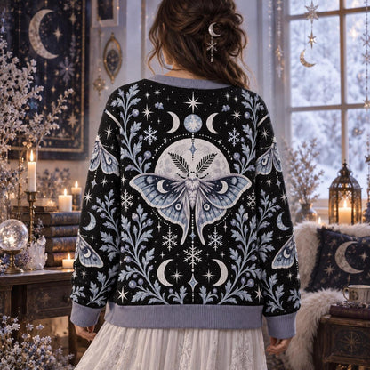 Snowflake Triple Moon Luna Moth Cardigan for Women Icy Blue Winter, worn, back view