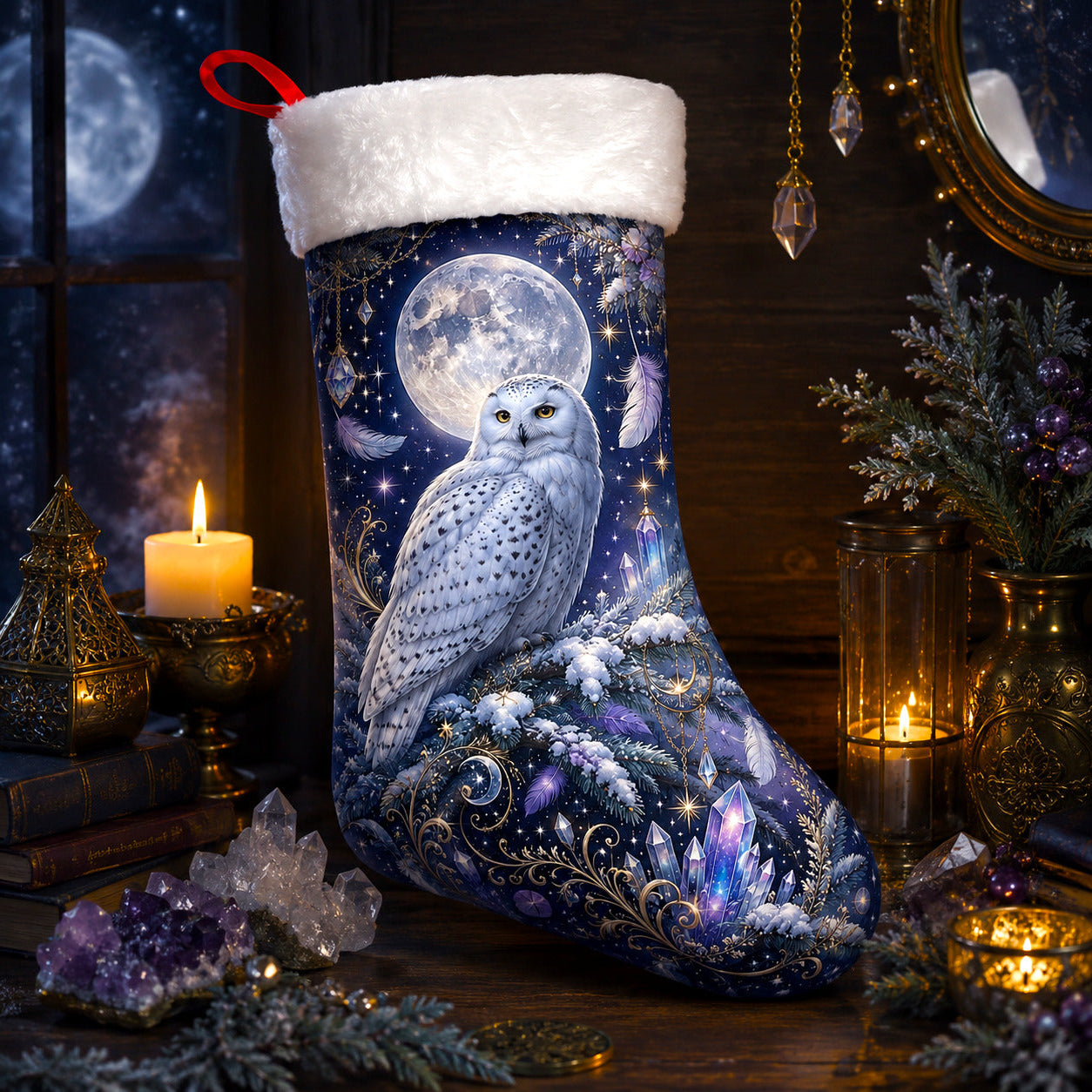 Snowy Owl Christmas Stocking Amethyst Crystal Witchy Winter Decor, styled shot 2