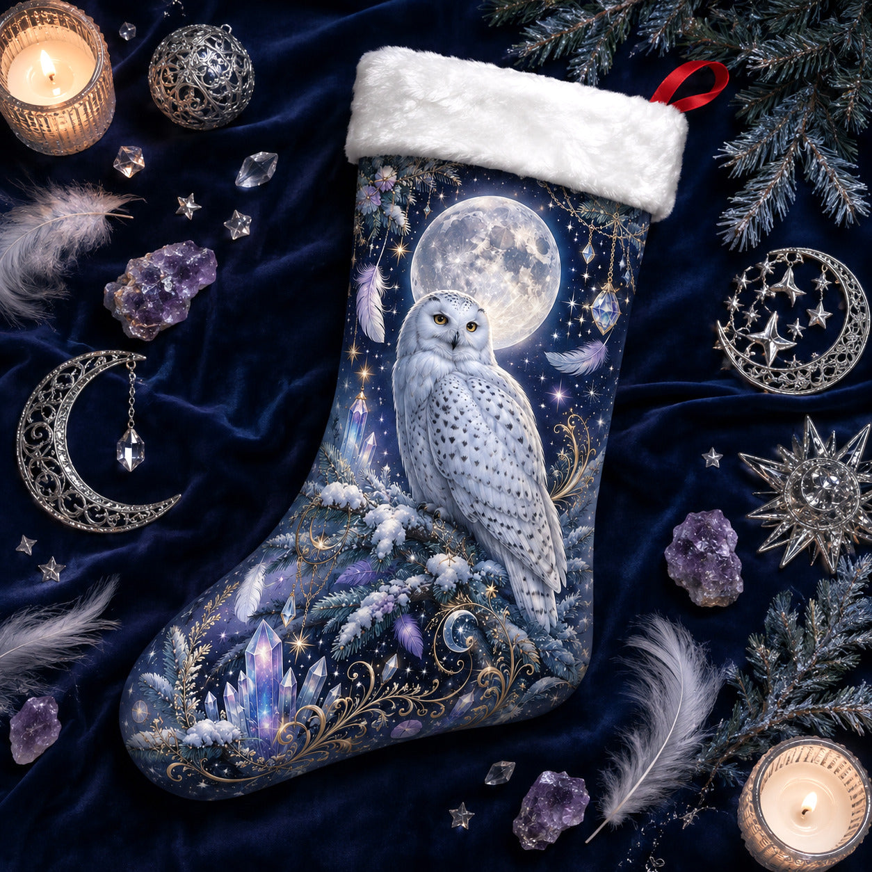 Snowy Owl Christmas Stocking Amethyst Crystal Witchy Winter Decor, styled shot 3