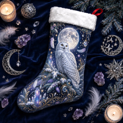 Snowy Owl Christmas Stocking Amethyst Crystal Witchy Winter Decor, styled shot 3